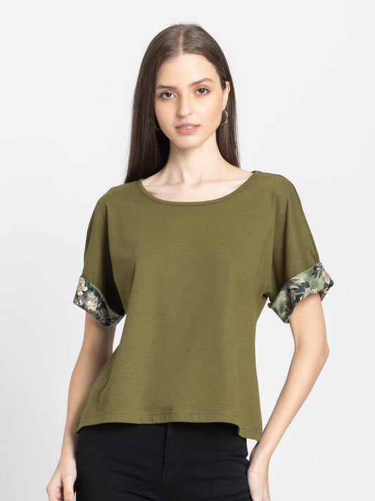 Olive green Riya knit t-shirt with scoop neck and camo printed sleeves relaxed fit women's jersey top front view