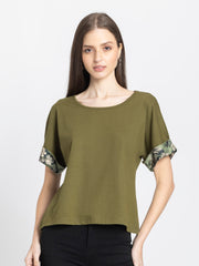Olive green Riya knit t-shirt with scoop neck and camo printed sleeves relaxed fit women's jersey top front view