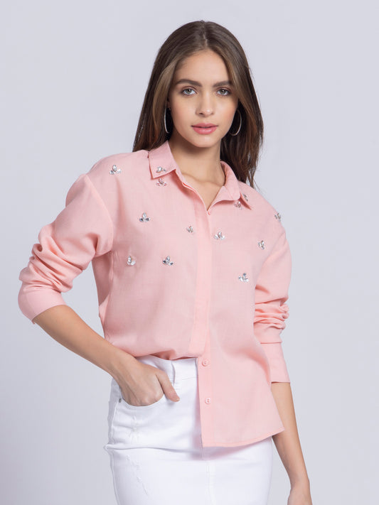 Peach Tamara embellished party shirt with shirt collar and long cuff sleeves relaxed fit women's poly linen top front view