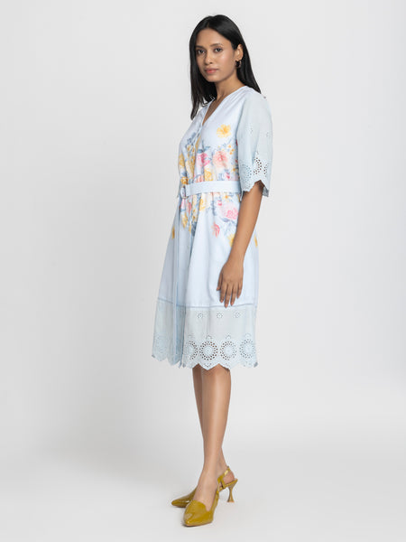 Left side view of light blue Poetry cotton dress showing short flared sleeves and straight hem