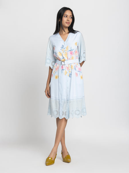 Right side profile of light blue Poetry dress highlighting relaxed fit and belted waist detail