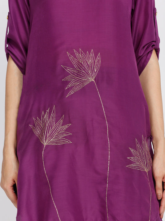 Close-up purple silk blend kurti, shirt collar and gold leaf motif zari embroidery, soft flowy fabric