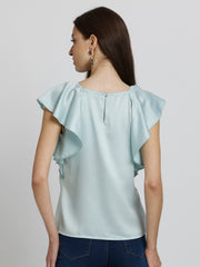 Rear view of Rufina Top revealing relaxed fit short flared sleeves and curved hem in lightweight satin
