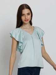 Side profile of Rufina Top with short flared sleeve and relaxed fit highlighting lightweight comfortable satin