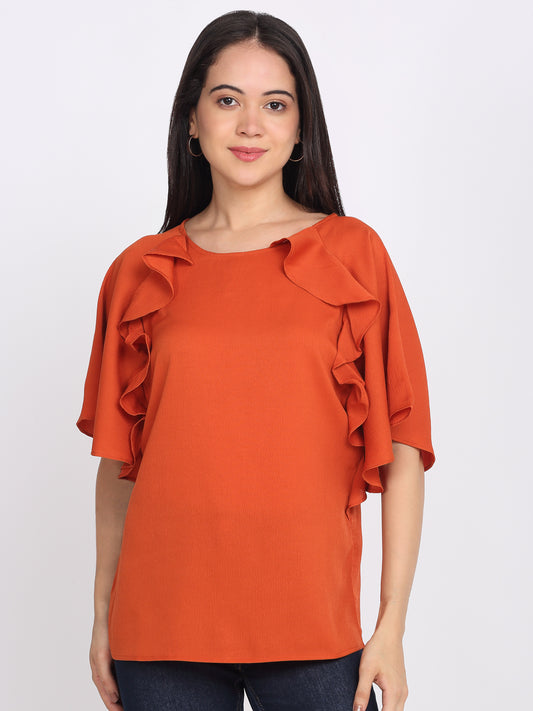 Rust crinkled crepe top with scoop neck, short cascade kimono sleeves, ruffle detailing, straight hem, relaxed fit, front view
