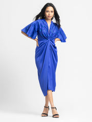 Blue satin draped dress with V-neckline, short flared sleeves, twisted front drape, front embroidery, straight hem, relaxed fit, front pose