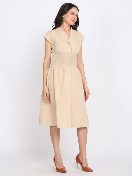 Shaye beige cotton dress shawl collar button down short cap sleeves smocked waist side view for women