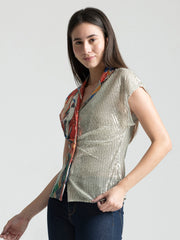 Shaye beige ikat print sequin party shirt relaxed fit curved hem angle view for women