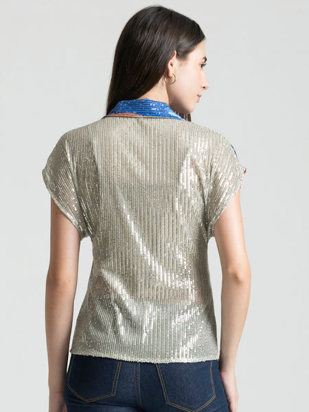 Shaye beige ikat print sequin party shirt relaxed fit back view for women