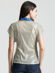 Shaye beige ikat print sequin party shirt relaxed fit back view for women