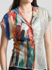 Shaye beige ikat print party shirt sequin pleats notch collar button detail close-up for women