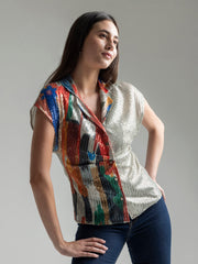 Shaye beige ikat print party shirt notch collar sequin pleats detail lifestyle model for women