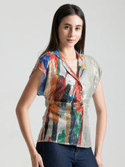 Shaye beige ikat print party shirt sequin button down short extended sleeves side view for women