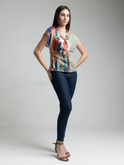 Shaye beige ikat print sequin party shirt styled with jeans slim fit for women
