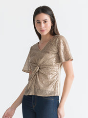 Shaye beige party top sequin v-neck twisted knot fitted curved hem side angle pose for women