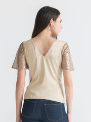 Shaye beige party top sequin fabric v-neckline fitted curved hem plain back view for women