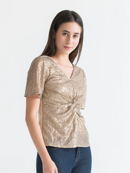 Shaye beige party top sequin fabric short flared sleeves fitted twisted knot side view for women