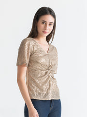 Shaye beige party top sequin fabric short flared sleeves fitted twisted knot side view for women