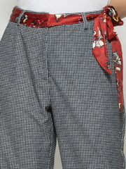 Shaye Argyle Pants women's black corduroy trouser printed belt with button high rise waistband closeup