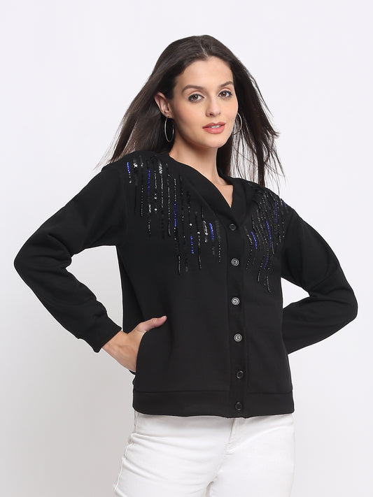Shaye Arlette Cardigan black embroidered v-neck women's cardigan button down relax fit fleece front view