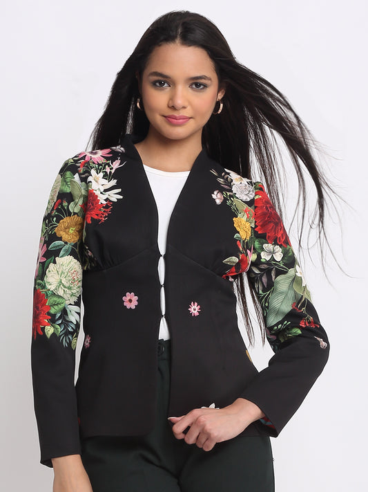 Shaye Hugo Coat black floral print overcoat women's v-neckline fitted poly lycra front view