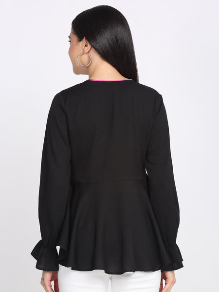 Back view black crinkled crepe peplum top long sleeves relaxed fit asymmetric hem
