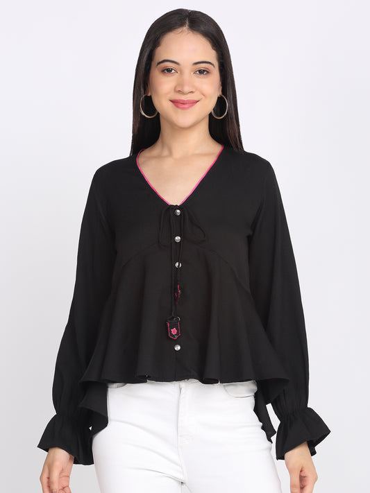 Black peplum top crinkled crepe v-neck full sleeves button down tie up detail with embroidered tassels asymmetric hem relaxed fit front view