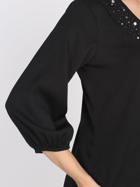 Shaye black party shirt moss crepe three quarter elastic sleeve embroidery close-up for women