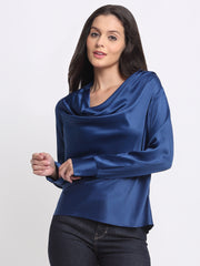 Shaye blue party top satin cowl neck relaxed fit curved hem side angle view for women