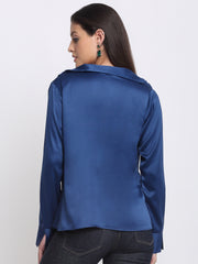 Shaye blue party top satin full sleeves curved hem relaxed fit back view for women