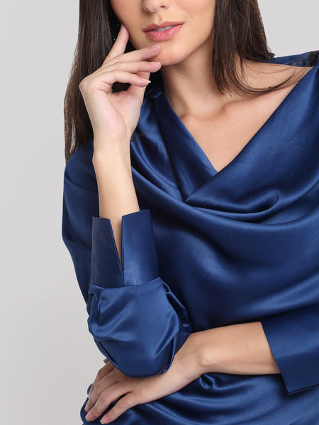 Shaye blue party top satin cowl neck spread collar and sleeve detail close-up for women