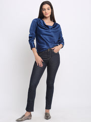 Shaye blue party top satin cowl neck spread collar full sleeves curved hem side view for women