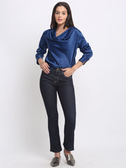Shaye blue party top satin cowl neck styled with trousers and heels for women complete outfit