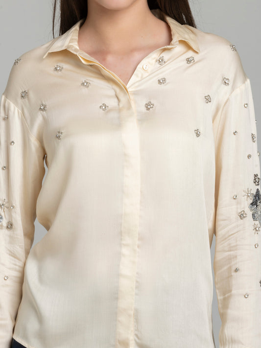 Shaye Brilliante modal satin party shirt hand embroidery on front spread collar detail