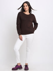 Women's brown fleece sweatshirt Shaye Aven Sweatshirt knit embroidery full sleeves ribbed hem pockets
