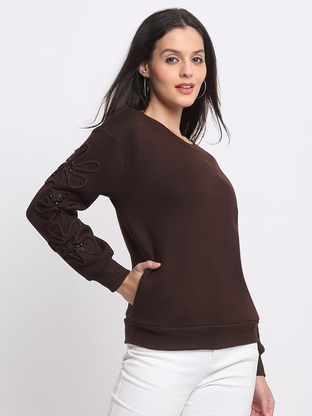 Shaye Aven Sweatshirt side view brown knit fleece sweatshirt embroidery sleeves ribbed hem relax fit