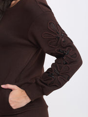 Aven Sweatshirt by Shaye brown fleece embroidery on sleeves rib cuffs detail women's knit sweatshirt