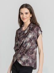 Shaye brown printed satin top cowl neck relaxed fit side angle overlap detail for women