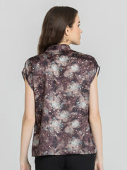 Shaye brown printed satin top relaxed fit asymmetric hem back view for women