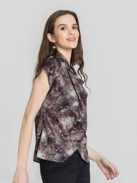 Shaye brown printed satin top cowl neck overlap detail short sleeves side view for women