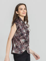 Shaye brown printed satin top cowl neck overlap detail short sleeves side view for women