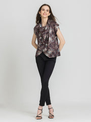 Shaye brown printed satin top cowl neck styled with black pants relaxed fit for women