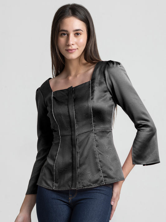 Shaye Constantine black peplum party top with square neck rhinestone chain front view