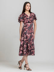 Shaye dusty pink floral print party dress satin v-neck overlap detail flutter sleeves side angle for women2