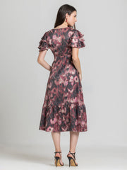 Shaye dusty pink floral print party dress satin relaxed fit back view for women