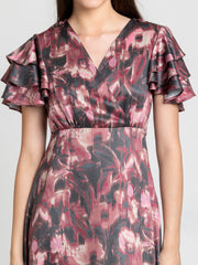 haye dusty pink floral print party dress satin v-neck flutter sleeve and overlap detail close-up for women