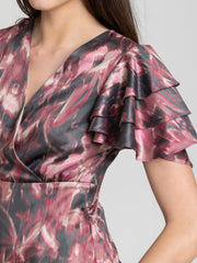 Shaye dusty pink floral print party dress satin flutter sleeve overlap detail fabric close-up for women