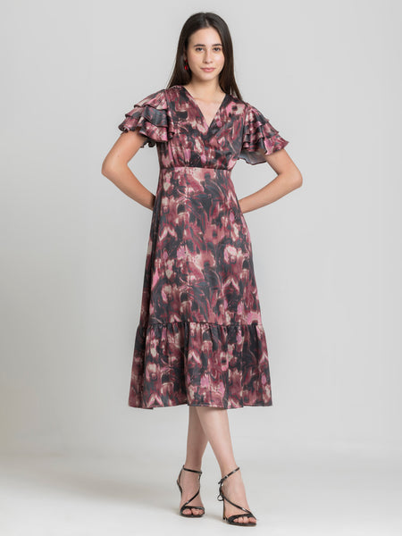 Shaye dusty pink floral print party dress satin v-neck short flutter sleeves overlap front straight hem relaxed fit front view for women