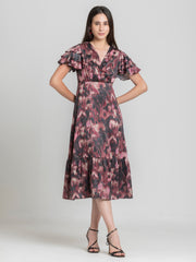 Shaye dusty pink floral print party dress satin v-neck short flutter sleeves overlap front straight hem relaxed fit front view for women