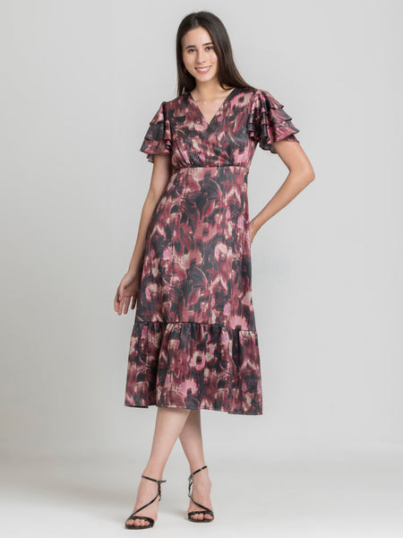 Shaye dusty pink floral print party dress satin styled with strappy sandals relaxed fit full body outfit for women